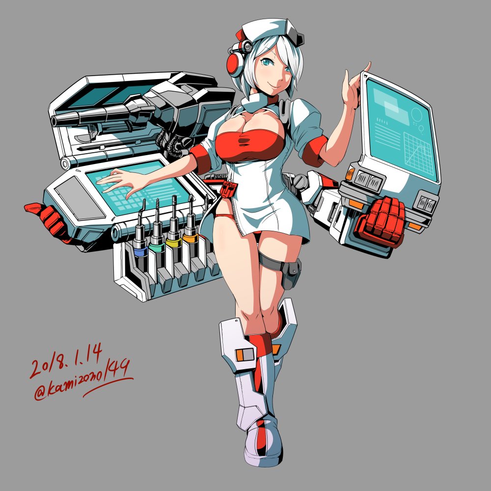 1girl artist_name autobot blue_eyes breasts cleavage_cutout clothing_cutout dated extra_arms genderswap genderswap_(mtf) grey_background hat insignia kamizono_(spookyhouse) large_breasts mecha_musume no_pants nurse_cap panties personification ratchet_(transformers) red_panties short_hair solo transformers underwear white_hair