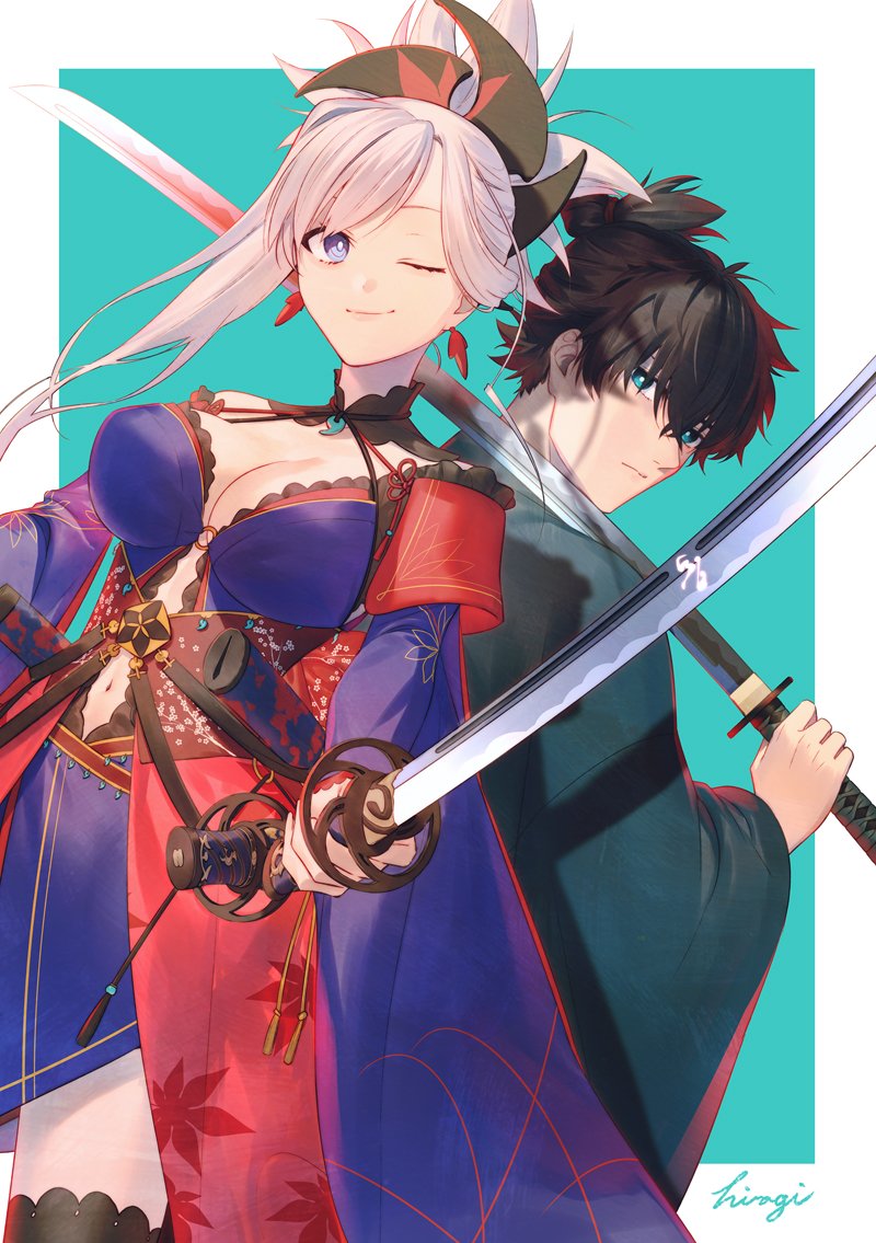 1boy 1girl asymmetrical_hair black_hair black_thighhighs blue_eyes blue_kimono breasts cleavage earrings fate/grand_order fate/samurai_remnant fate_(series) floral_print hair_ornament hiiragi_(karashriker) holding holding_sword holding_weapon japanese_clothes jewelry katana kimono large_breasts leaf_print magatama magatama_necklace maple_leaf_print miyamoto_iori_(fate) miyamoto_musashi_(fate) miyamoto_musashi_(third_ascension)_(fate) necklace one_eye_closed over_shoulder pink_hair sash sheath simple_background single_sidelock square_background swept_bangs sword thighhighs topknot weapon weapon_over_shoulder