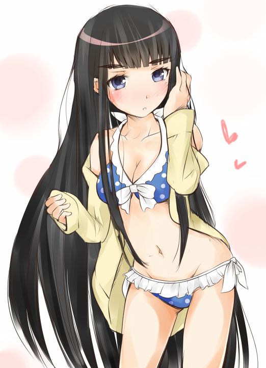 1girl bare_shoulders bikini black_hair blue_bikini blue_eyes blunt_bangs breasts cleavage commentary_request cowboy_shot gluteal_fold hands_up heart hime_cut himegami_aisa long_hair long_sleeves looking_at_viewer medium_breasts monochrome_background navel parted_lips pink_background polka_dot polka_dot_bikini shin_(highest1192) sidelocks solo standing stomach swimsuit toaru_majutsu_no_index very_long_hair