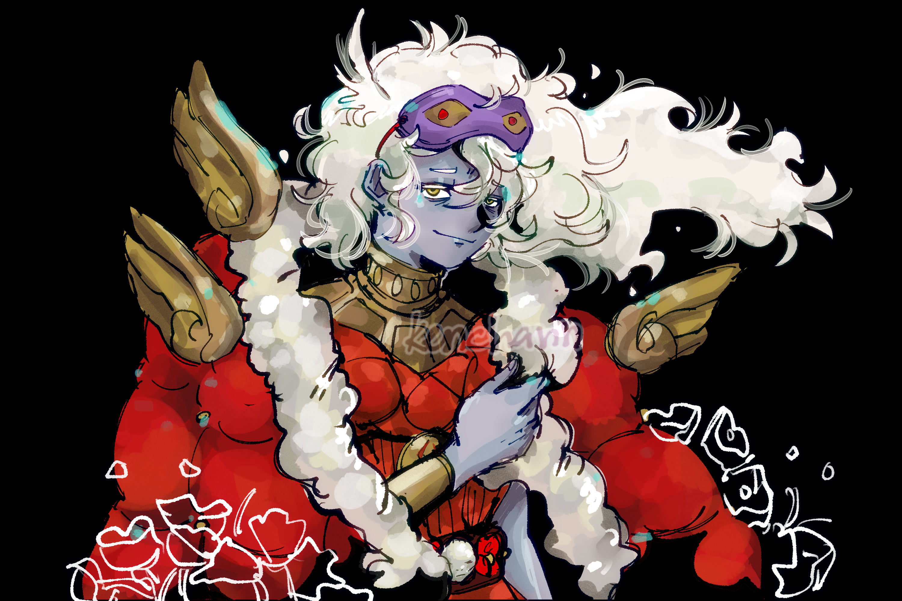 1boy arm_up artist_name bags_under_eyes black_background bracer cloak closed_mouth colored_skin commentary commentary_request eye_mask fur_trim greco-roman_clothes grey_skin hades_(series) hades_2 hair_between_eyes highres hypnos_(hades) long_hair male_focus mask_up red_cloak simple_background smile solo upper_body watermark white_fur white_hair yellow_eyes yuzu_pan