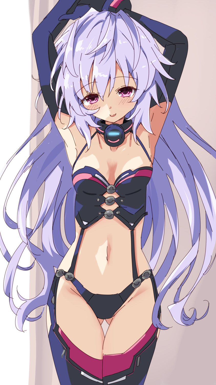 1girl :d alternate_hairstyle armpits arms_behind_head bare_shoulders bdsm black_gloves black_leotard blush bondage_outfit boots breasts clothing_cutout commentary_request cosplay elbow_gloves facing_down gloves hair_between_eyes hair_down highres hip_focus iris_heart iris_heart_(cosplay) iwashi_dorobou_-r- kami_jigen_game_neptune_v leotard long_hair messy_hair midriff navel neptune_(series) open_mouth pink_eyes purple_eyes purple_hair pururut revealing_clothes sleeveless small_breasts smile solo standing stomach_cutout thigh_boots thigh_gap thighs very_long_hair