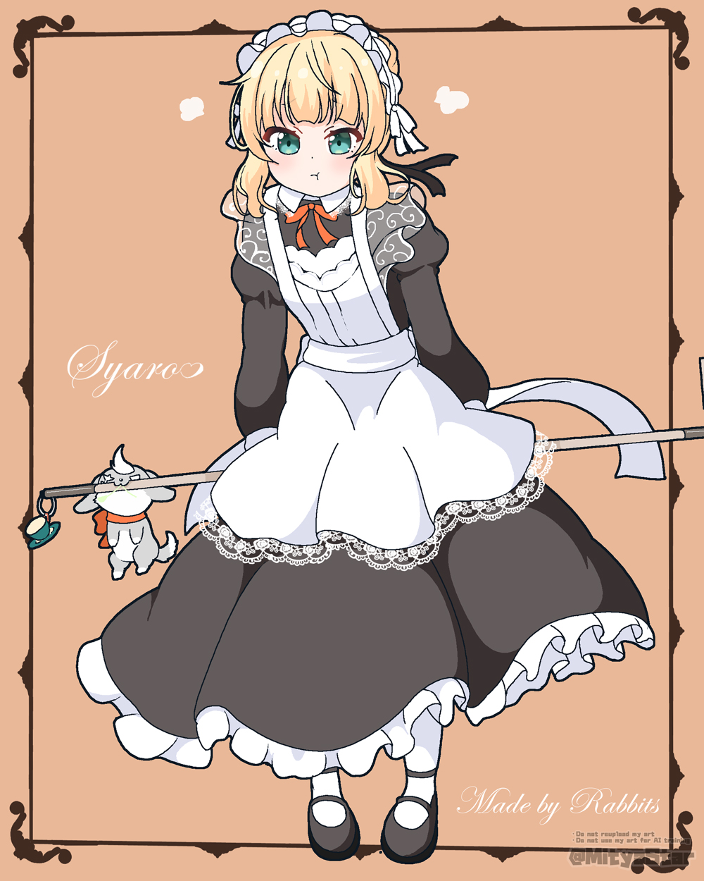 1girl :t animal apron black_dress black_shoes blonde_hair blush brown_background character_name closed_mouth commentary_request dress frilled_dress frilled_hairband frills full_body gochuumon_wa_usagi_desu_ka? green_eyes hairband highres holding juliet_sleeves kirima_syaro long_sleeves mitya pantyhose pout puffy_sleeves rabbit shoes solo_focus standing twitter_username watermark white_apron white_hairband white_pantyhose wild_geese