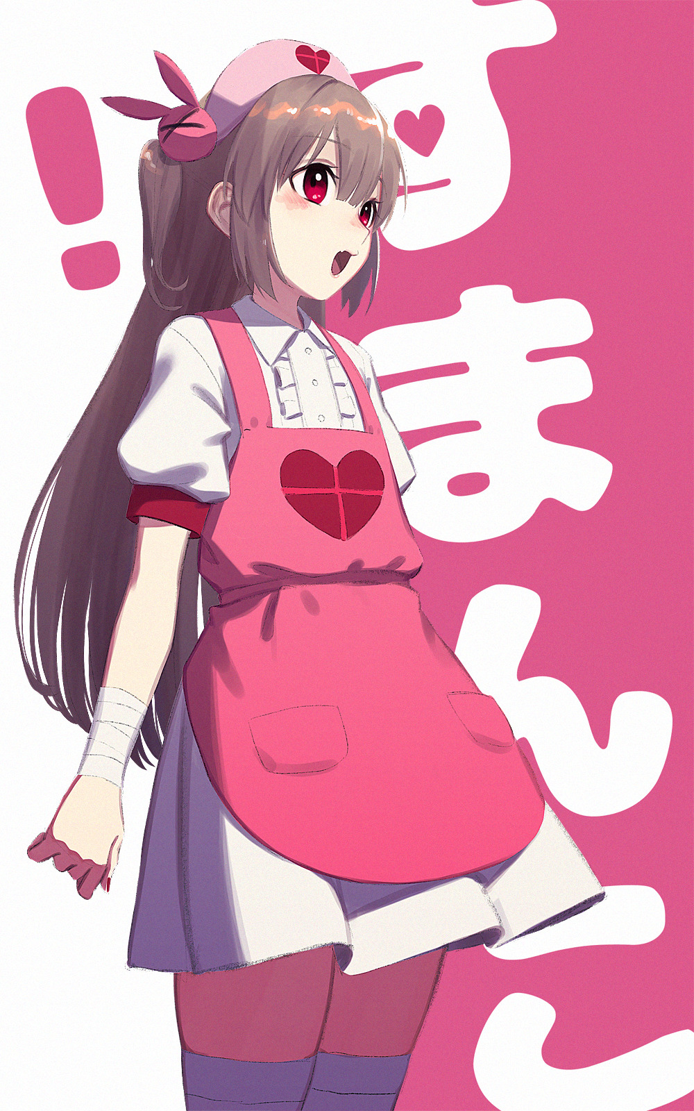 ! 1girl apron bandaged_arm bandages blush brown_hair dress hair_ornament hat heart highres long_hair natori_sana natori_sana_(nurse) nurse_cap open_mouth pink_apron pink_hat rabbit_hair_ornament red_eyes sana_channel short_sleeves simple_background solo thighhighs two_side_up white_dress white_thighhighs yue_(tada_no_saboten)