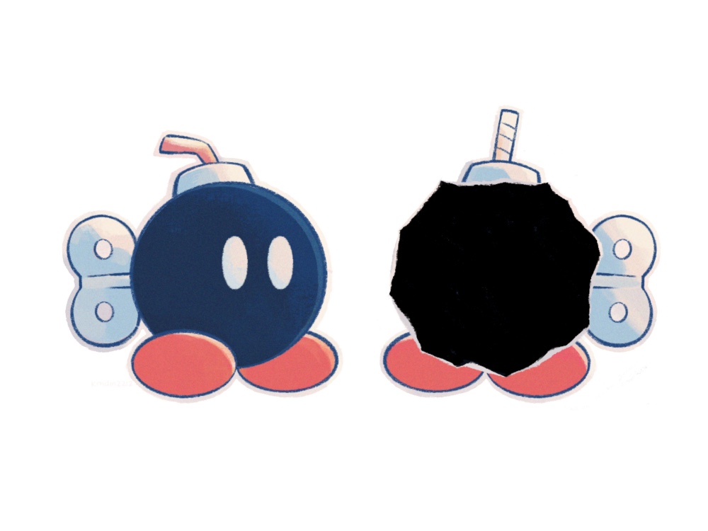 bob-omb bobby_(paper_mario) bomb dama8457 explosive fuse mario_(series) nintendo no_humans origami paper paper_mario paper_mario:_the_origami_king simple_background solid_oval_eyes white_background white_eyes winding_key