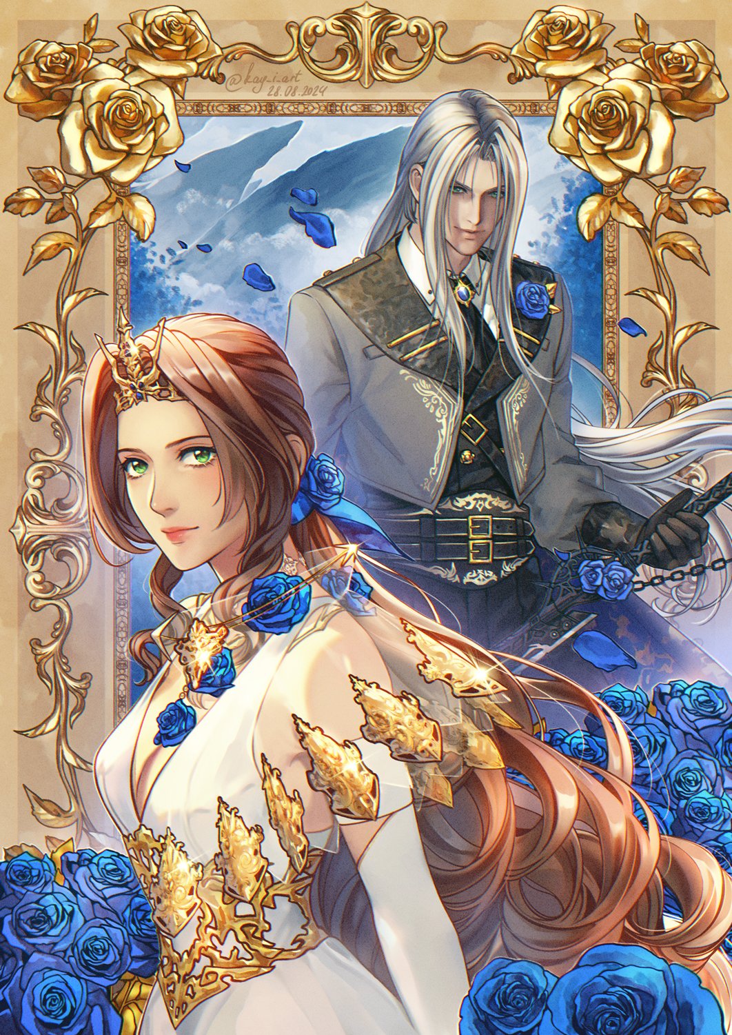 1boy 1girl aerith_gainsborough aerith_gainsborough_(prism_dress) ascot belt black_ascot black_gloves black_pants blue_flower blue_gemstone blue_petals blue_ribbon blue_rose breasts brown_hair cleavage collared_shirt corsage dated dress dress_flower falling_petals final_fantasy final_fantasy_vii final_fantasy_vii_ever_crisis flower formal_clothes gem gloves gold_border gold_trim green_eyes grey_hair grey_jacket grey_suit hair_flower hair_ornament hair_ribbon highres holding holding_sword holding_weapon jacket kay-i long_bangs long_dress low_ponytail medium_breasts mountain multiple_belts official_alternate_costume pants parted_bangs petals plunging_neckline ponytail ribbon rose see-through_clothes see-through_sleeves sephiroth sephiroth_(dark_attire) shirt sidelocks sleeveless sleeveless_dress slit_pupils smile suit suit_jacket sword tiara twitter_username upper_body wavy_hair weapon white_dress white_shirt white_sleeves