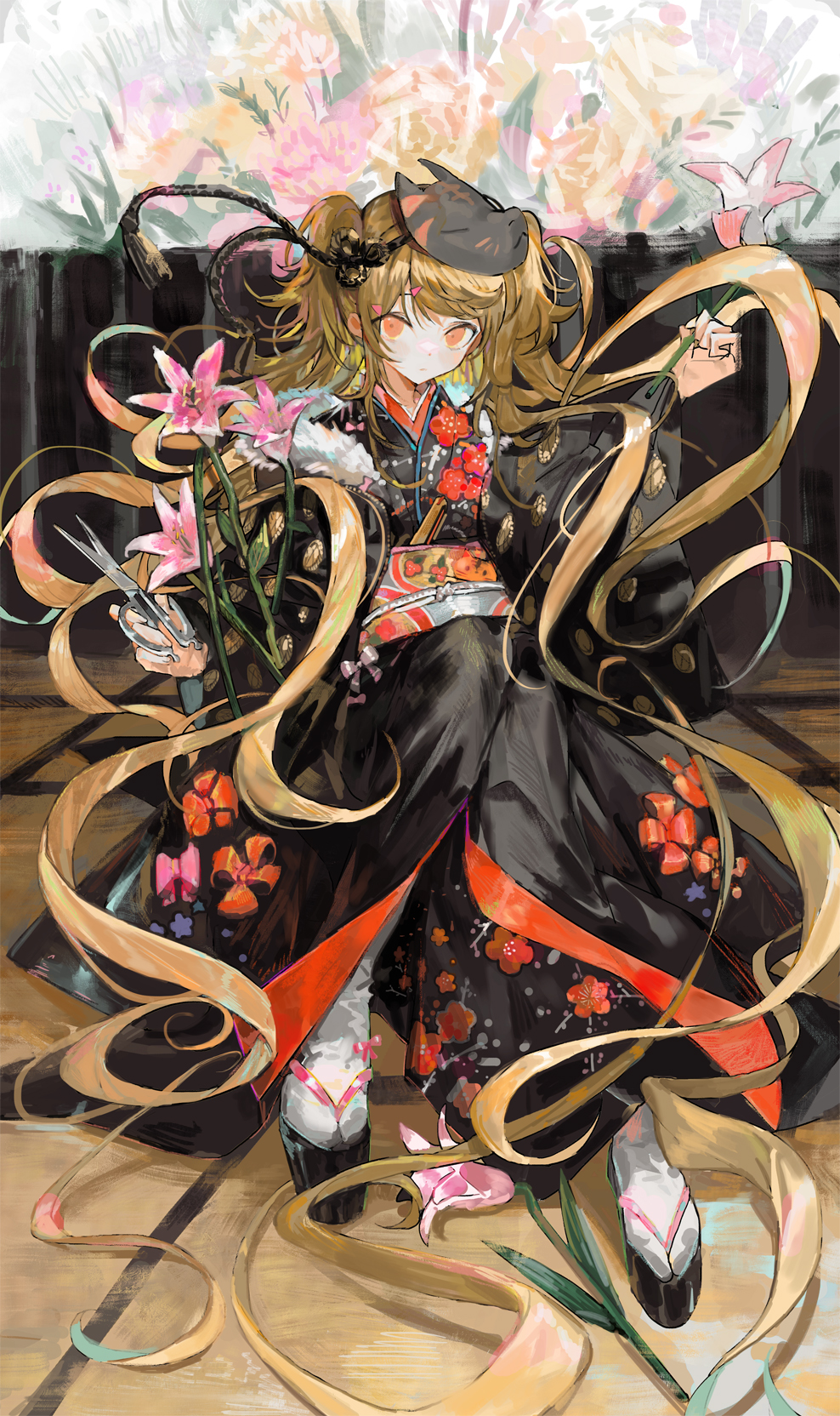 1girl black_kimono black_rope blonde_hair bow closed_mouth commentary_request floral_print floral_print_kimono floral_print_sash florist flower flower_request flower_shop fox_mask full_body hair_between_eyes highres holding holding_flower holding_scissors japanese_clothes kimono long_hair looking_at_viewer mask mask_on_head nana_tetra new_year orange_eyes original pink_bow print_kimono red_bow rope sandals scissors shop socks solo twintails very_long_hair white_socks zouri