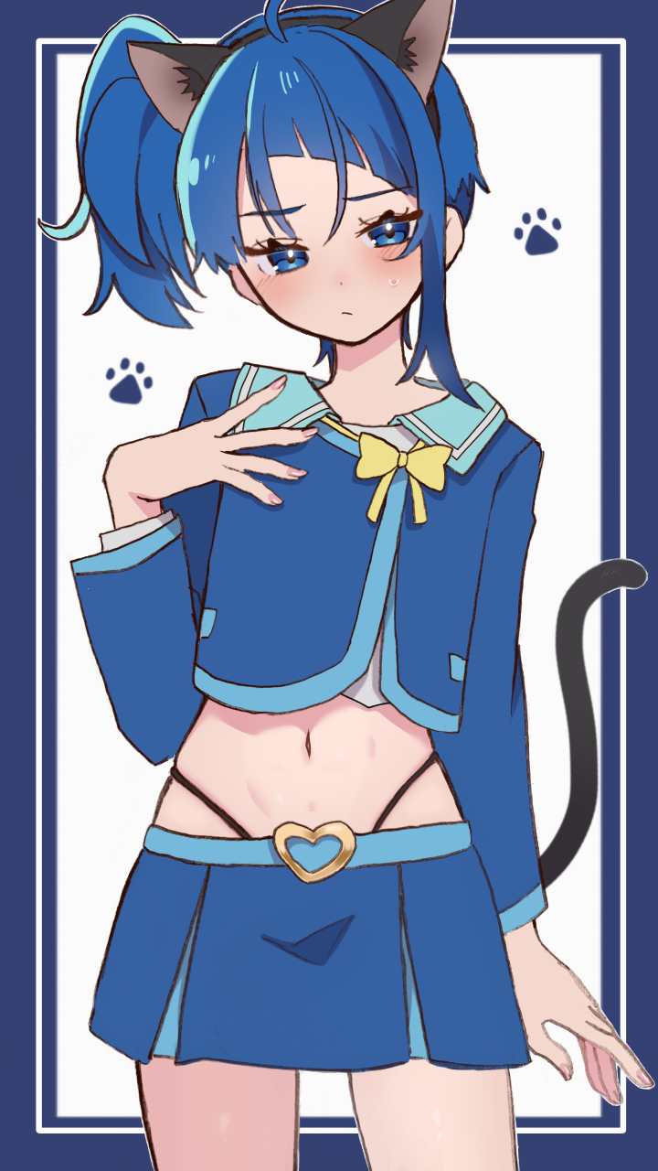 1girl ahoge animal_ears aqua_sailor_collar black_panties blue_eyes blue_hair blue_jacket blue_skirt blush bow bowtie cat_ears cat_tail closed_mouth commentary highleg highleg_panties highres hikota. hirogaru_sky!_precure jacket long_sleeves medium_hair midriff navel panties precure sailor_collar school_uniform shirt side_ponytail single_sidelock skirt solo sora_harewataru sorashido_academy_school_uniform tail underwear white_shirt yellow_bow yellow_bowtie
