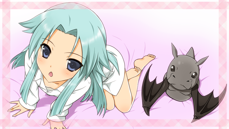 1girl aqua_hair bat_wings bed blue_eyes collared_shirt dual_persona haiyore!_nyaruko-san shantak_(nyaruko-san) shirt wings yuto_(dialique)