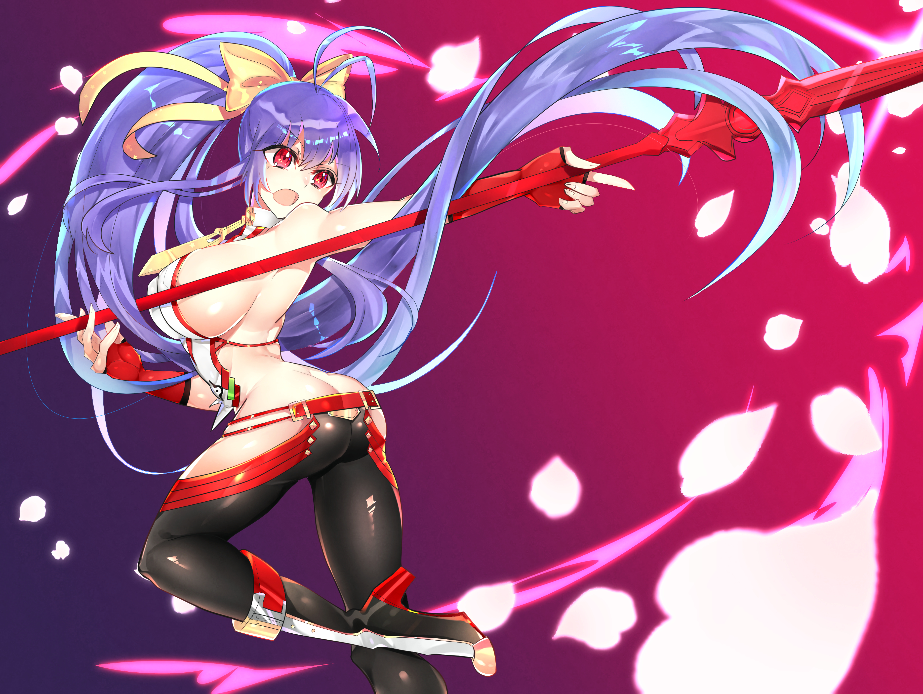 1girl absurdres antenna_hair arc_system_works ass bare_shoulders blazblue blazblue:_central_fiction blazblue_variable_heart boots bow breasts butt_crack female_focus fingerless_gloves gloves hair_bow hair_ribbon halterneck highres kaneaki_mukku large_breasts long_hair mai_natsume no_bra open_mouth outseal pants polearm ponytail purple_hair red_eyes ribbon shiny_clothes shiny_skin sideboob solo spear very_long_hair weapon