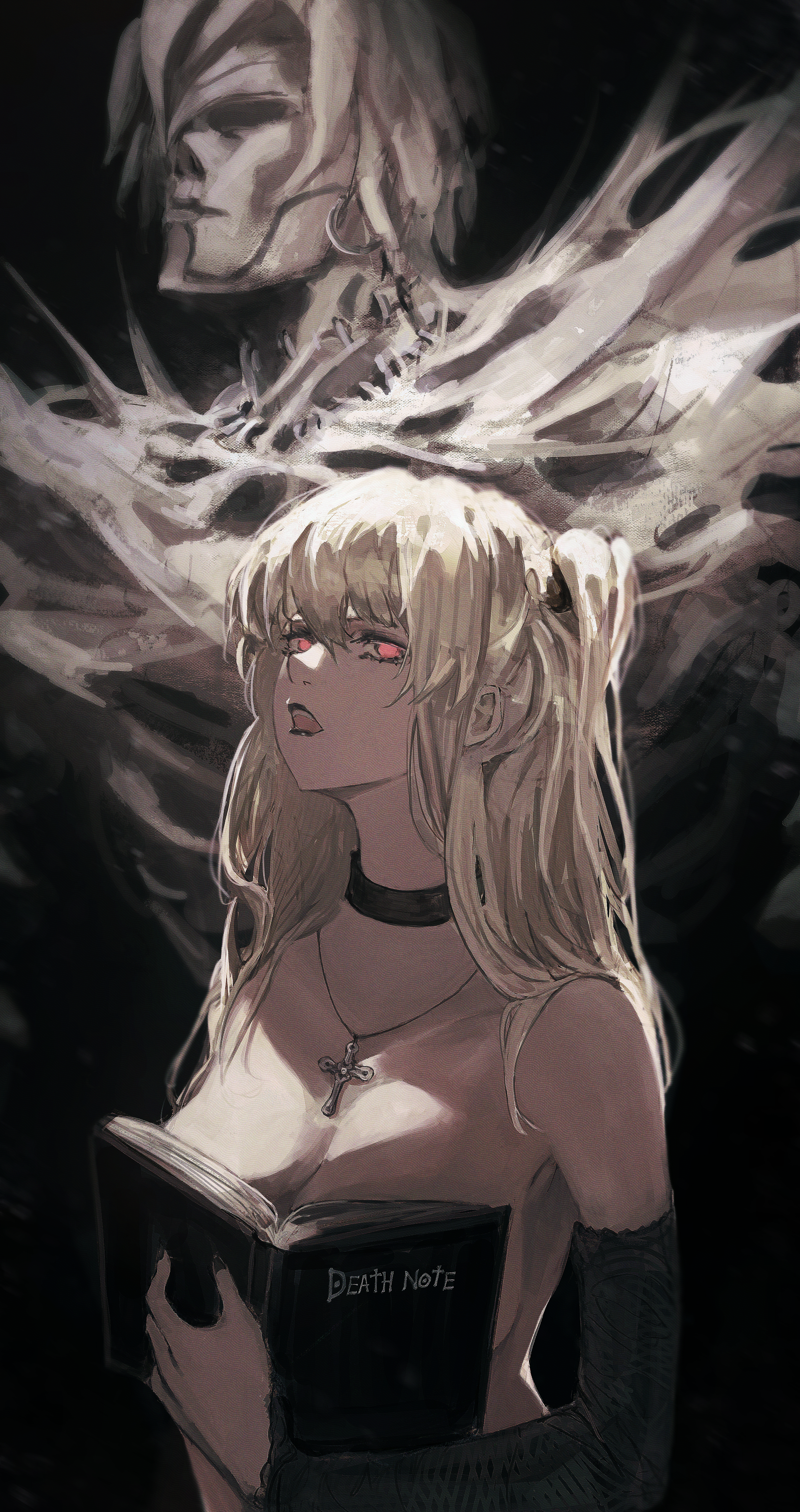1girl absurdres amane_misa black_background black_choker black_lips black_nails blonde_hair boobs_in_book_(meme) book breasts choker commentary_request covering_breasts covering_privates cross cross_necklace death_note death_note_(object) goth_fashion highres holding holding_book jewelry kolario large_breasts lipstick long_hair makeup meme necklace open_mouth red_eyes rem_(death_note) shinigami topless_female two_side_up