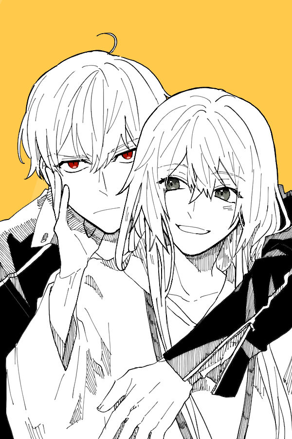 1boy 1other ahoge androgynous arm_around_neck commentary_request durumi_(4ofo1nf43kuvxkl) enkidu_(fate) fate/grand_order fate_(series) frown gilgamesh_(fate) gilgamesh_(immoral_biker_jacket)_(fate) greyscale_with_colored_background jacket korean_commentary red_eyes smile spot_color