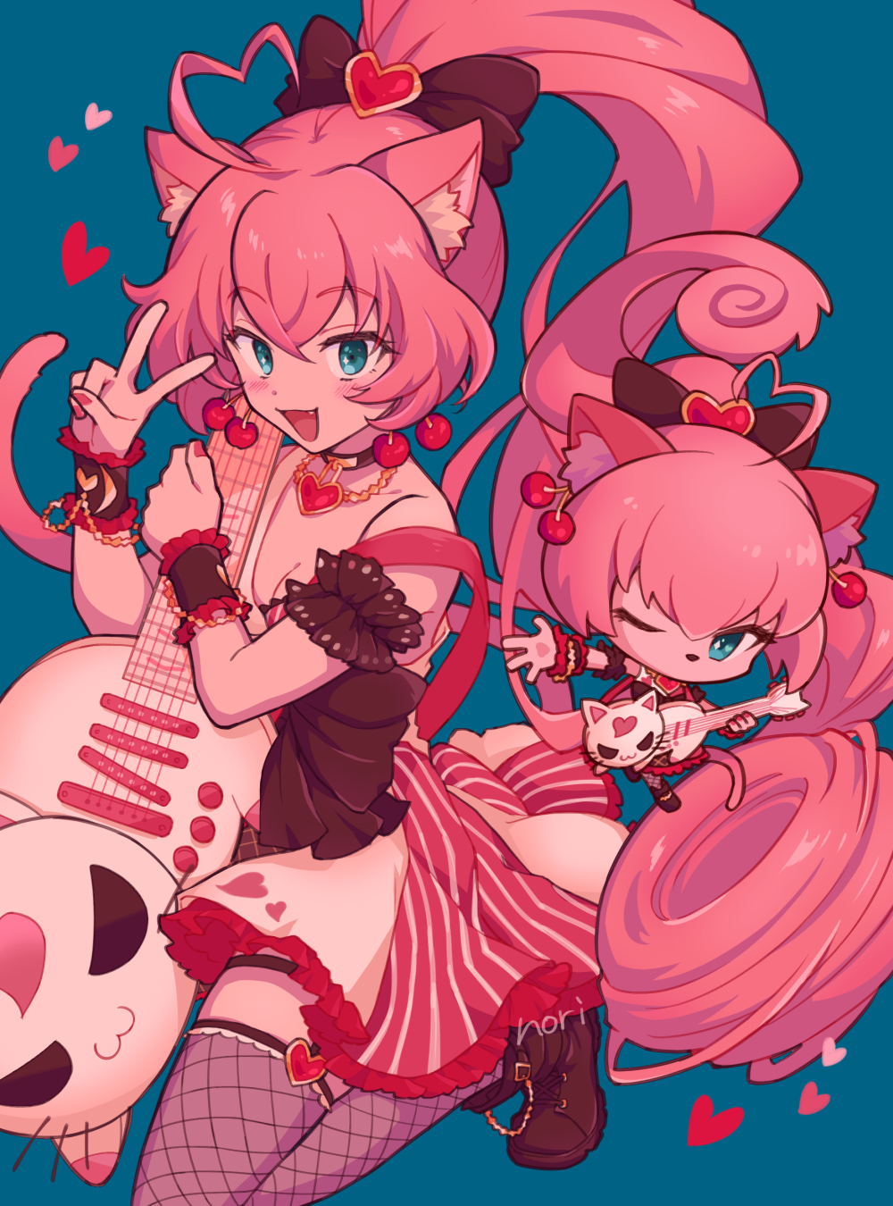 2girls :d ahoge alternate_costume alternate_hairstyle animal_ears arm_garter bare_shoulders black_choker blue_background blue_eyes bow breasts cat_ears cat_girl cat_tail cherry_earrings chiyo_nori choker cleavage dual_persona earrings electric_guitar fishnet_thighhighs fishnets food-themed_earrings food_themed_earrings frilled_skirt frills guitar hair_bow heart heart_ahoge high_ponytail highres holding holding_guitar holding_instrument instrument jewelry long_hair looking_at_viewer multiple_girls no_mouth on_one_knee one_eye_closed open_mouth pendant_choker pink_hair pink_nails pink_skirt ponytail rosia_(myumon)_(show_by_rock!!) rosia_(show_by_rock!!) show_by_rock!! simple_background skirt smile tail thighhighs v wrist_cuffs