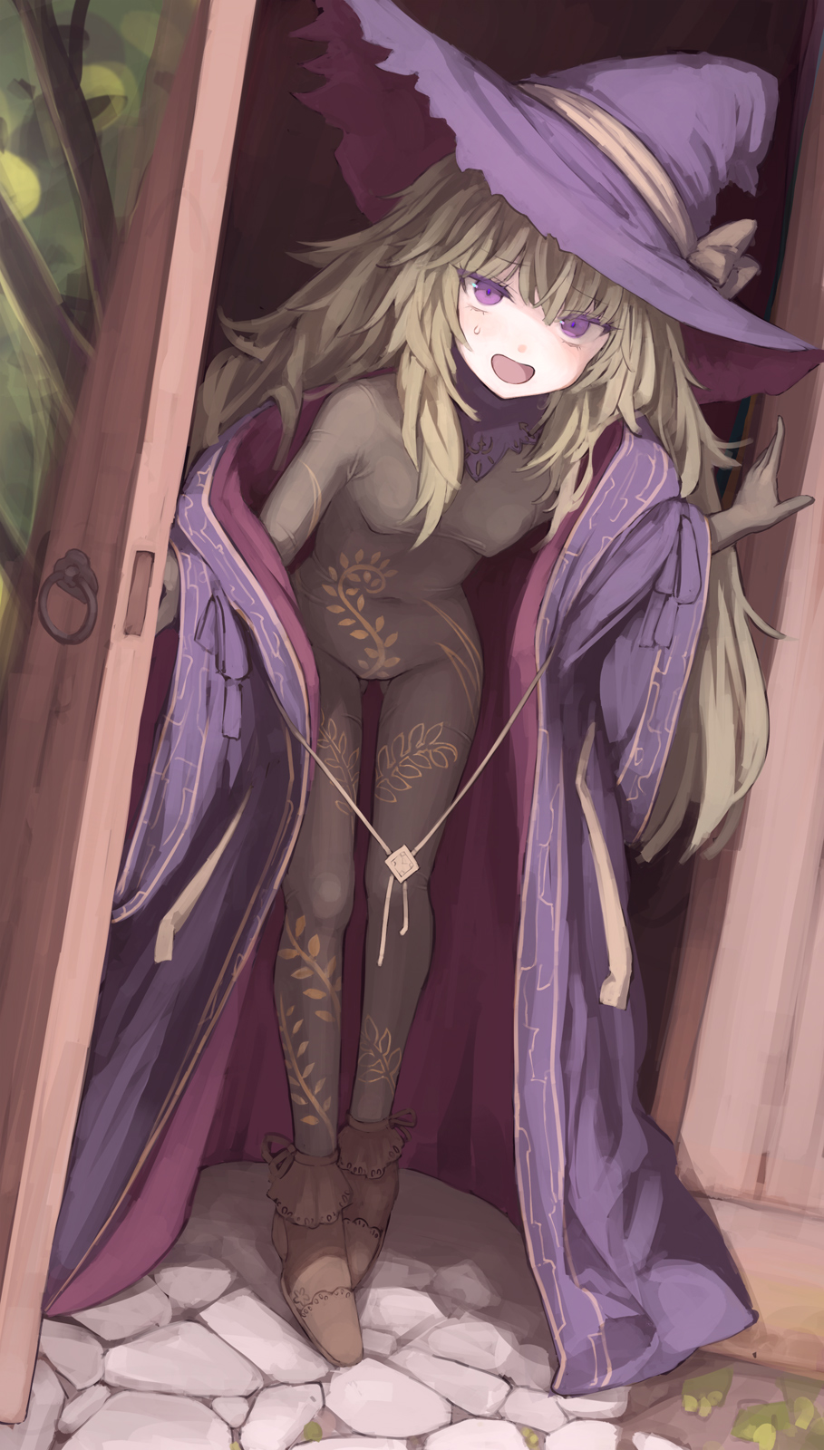1girl bodystocking_only bodysuit boots breasts brown_boots character_request commentary_request copyright_request covered_navel detached_collar dutch_angle floral_print full_body gluteal_fold green_hair hat highres ivy long_hair looking_at_viewer no_bra open_mouth opening_door osobachan outdoors purple_eyes purple_hat purple_robe robe skin_tight small_breasts solo sweatdrop tight_clothes very_long_hair witch witch_hat wooden_door