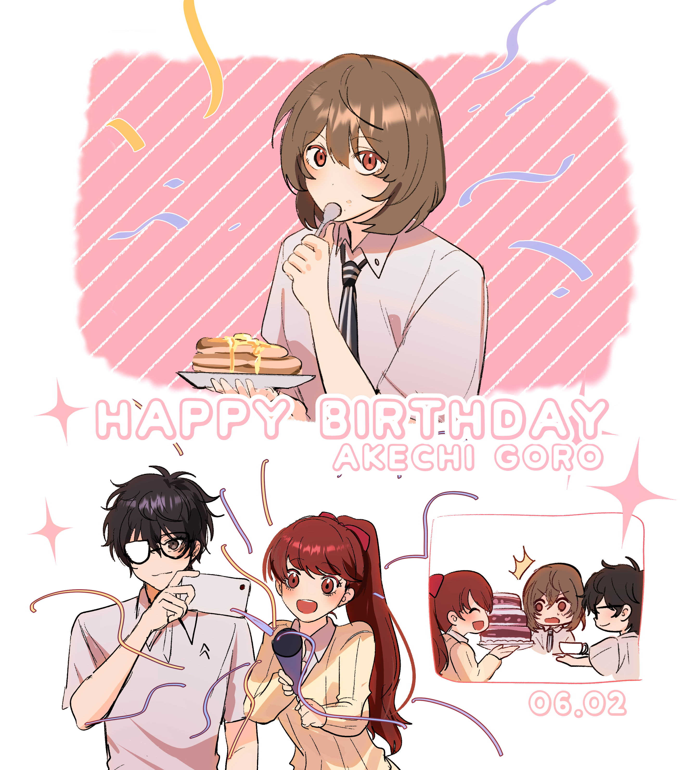 1girl 2boys absurdres akechi_gorou amamiya_ren black_hair brown_hair character_name fsmaichobpeg0 glasses hair_between_eyes happy_birthday highres multiple_boys persona persona_5 persona_5_the_royal ponytail red_eyes red_hair short_hair usami_sumireko