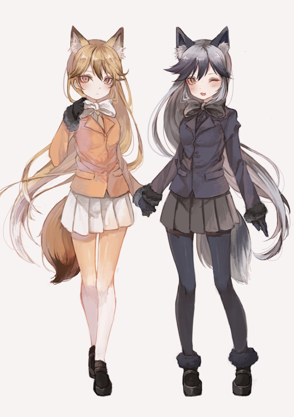 10s 2girls :&lt; ;3 adjusting_bow adjusting_clothes animal_ears arm_at_side bad_id bad_pixiv_id beige_background black_bow black_footwear black_gloves black_hair black_jacket black_necktie black_pantyhose black_skirt blazer blonde_hair blush bow bowtie breast_pocket brown_eyes brown_hair expressionless ezo_red_fox_(kemono_friends) fox_ears fox_tail full_body fur-trimmed_sleeves fur_trim gloves gradient_hair gradient_legwear grey_hair hair_between_eyes hand_up holding_hands jacket kemono_friends kita_kitsune loafers long_hair long_sleeves looking_at_viewer multicolored_hair multicolored_legwear multiple_girls necktie one_eye_closed orange_jacket orange_necktie oro_ponzu pantyhose pleated_skirt pocket shoes silver_fox_(kemono_friends) simple_background skirt smile standing tail tsurime two-tone_hair very_long_hair white_bow white_hair white_skirt