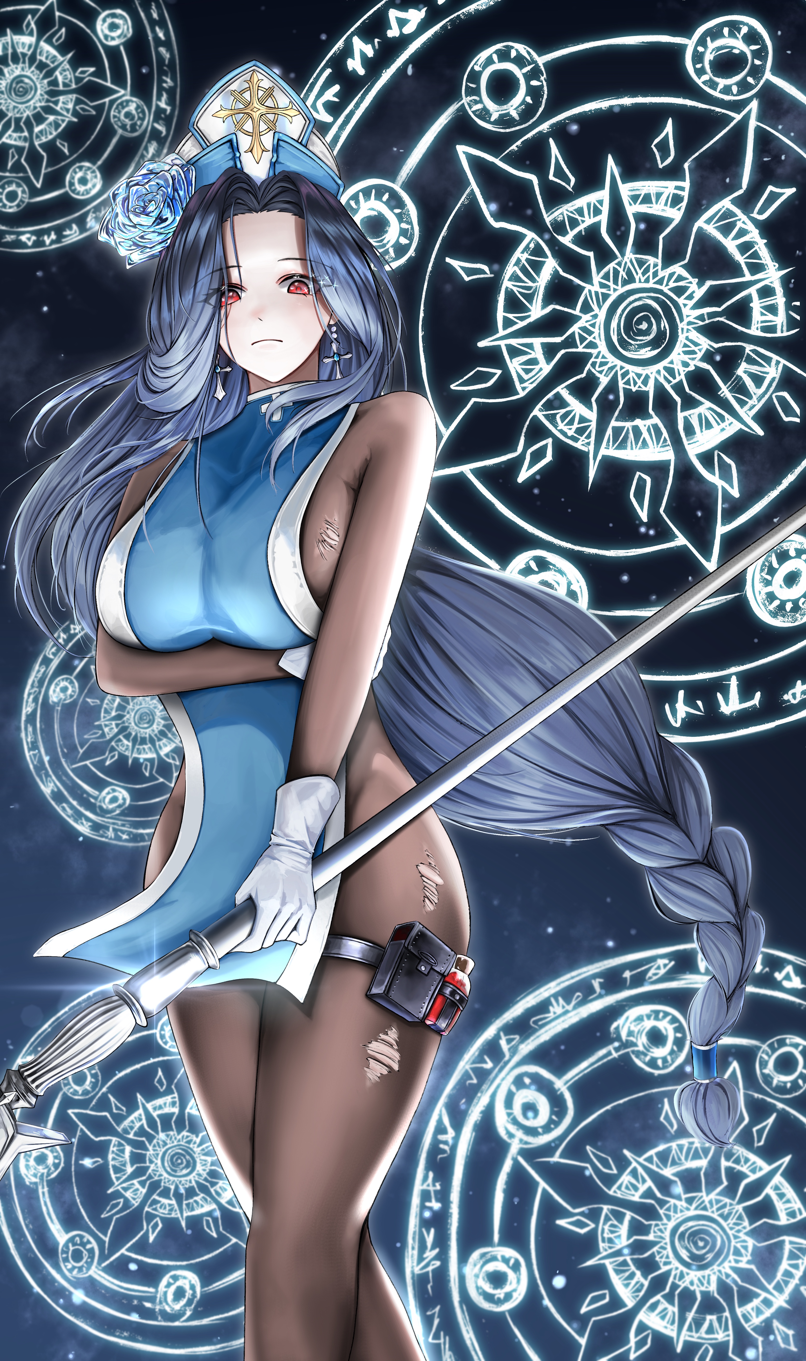 1girl absurdres black_hair blue_background bodystocking bodysuit braid braided_ponytail breasts brown_bodysuit commentary cowboy_shot earrings embarrassed gloves goddess_of_victory:_nikke hat highres holding holding_staff ice_flower jewelry jintan0055 large_breasts light_blush long_hair looking_at_viewer magic_circle maiden_(ice_rose)_(nikke) maiden_(nikke) mitre red_eyes see-through_bodystocking solo staff standing thigh_strap torn_bodystocking torn_clothes very_long_hair white_gloves