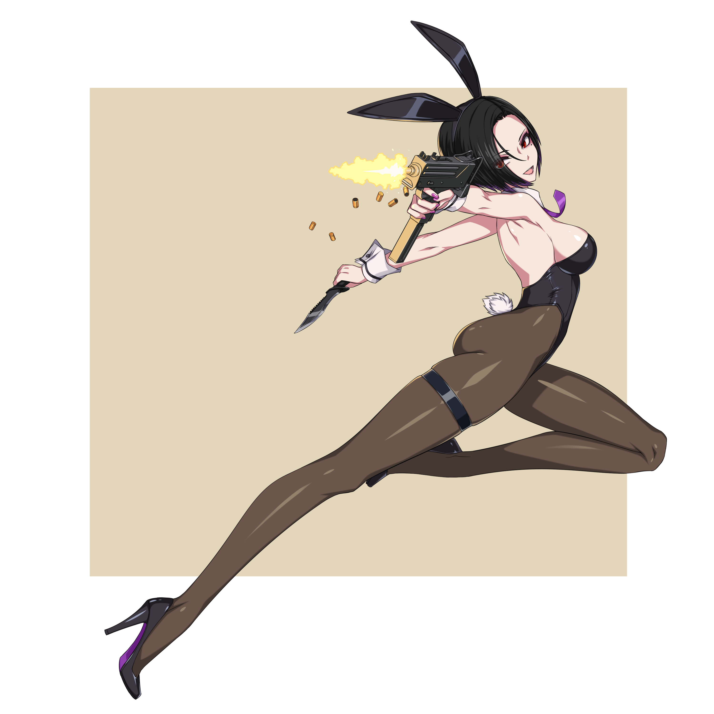1girl :d absurdres animal_ears black_hair breasts detached_collar fake_animal_ears firing full_body gun hair_over_one_eye high_heels highleg highleg_leotard highres holding holding_gun holding_knife holding_weapon knife leotard mac-10/11 medium_breasts nail_polish necktie open_mouth original pantyhose playboy_bunny purple_necktie rabbit_ears rabbit_tail red_eyes shell_casing short_hair smile solo submachine_gun tail tanke_laide thigh_strap two-tone_background weapon wrist_cuffs