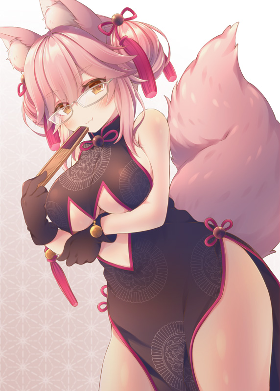 1girl :3 animal_ear_fluff animal_ears anju_(mocomocousagi) bare_arms bare_shoulders black_gloves blush breasts china_dress chinese_clothes closed_lab_coat closed_mouth clothing_cutout cowboy_shot double_bun dress dutch_angle fate/grand_order fate_(series) female_focus folded_fan folding_fan fox_ears fox_girl fox_tail glasses gloves gradient_background grey-framed_eyewear grey_background hair_bun hair_ribbon hand_fan holding holding_fan koyanskaya_(chinese_lostbelt_outfit)_(fate) koyanskaya_(fate) lab_coat large_breasts orange_eyes patterned_background pelvic_curtain pink_hair red_ribbon ribbon sleeveless sleeveless_dress smile solo tail tassel underboob underboob_cutout