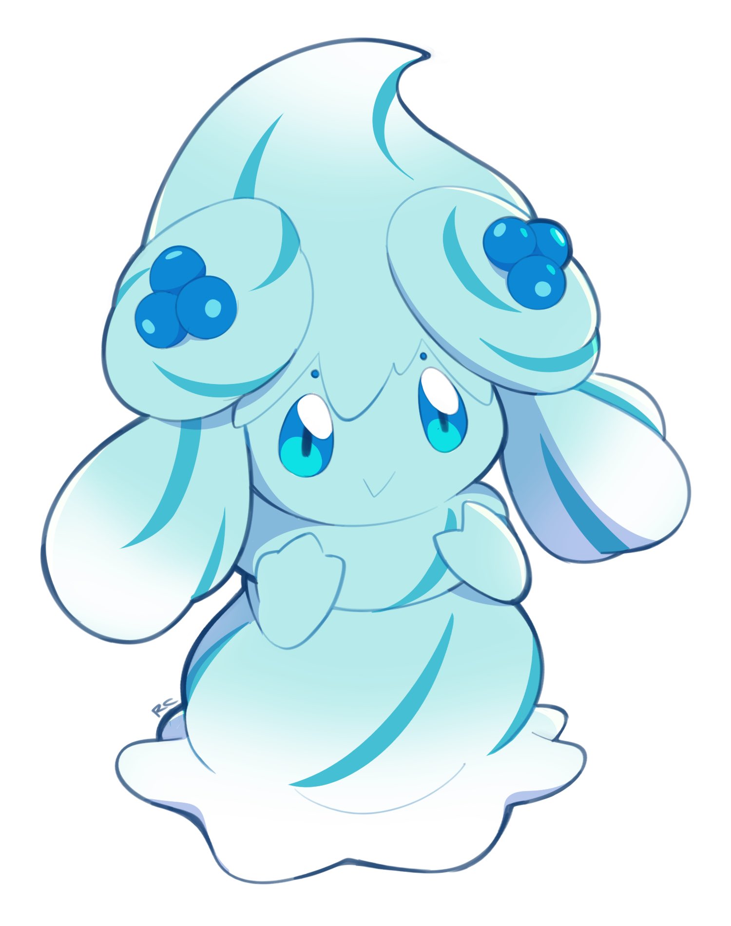 :&gt; alcremie alcremie_(berry_sweet) alcremie_(mint_cream) artsy-rc blue_theme blueberry commentary english_commentary food fruit full_body gen_8_pokemon highres looking_at_viewer nintendo no_humans pokemon pokemon_(creature) signature simple_background solo white_background