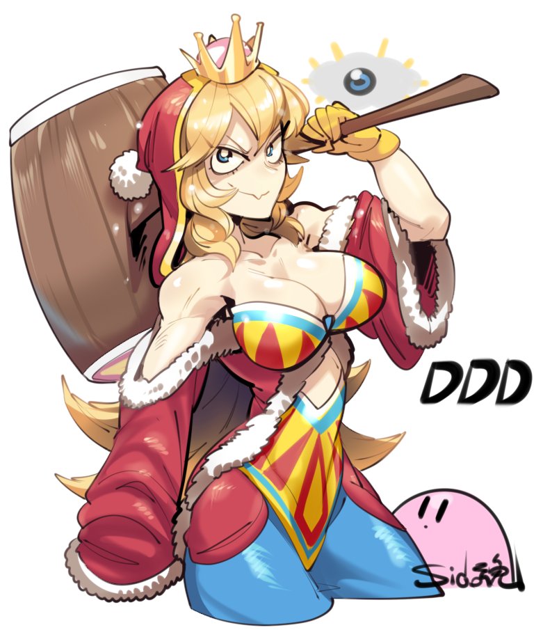 1girl bare_shoulders blonde_hair blue_eyes breasts cleavage genderswap genderswap_(mtf) grin hammer king_dedede kirby kirby_(series) kracko large_breasts long_hair mario_(series) medium_breasts new_super_mario_bros._u_deluxe nintendo sido_(slipknot) smile super_crown weapon