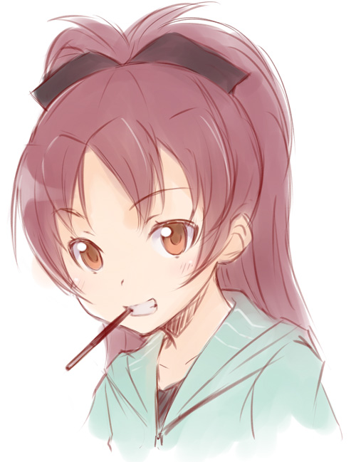 10s 1girl female_focus food gradient_background grin ha-ru long_hair mahou_shoujo_madoka_magica mahou_shoujo_madoka_magica_(anime) mouth_hold pocky ponytail portrait red_eyes red_hair sakura_kyoko simple_background smile solo white_background
