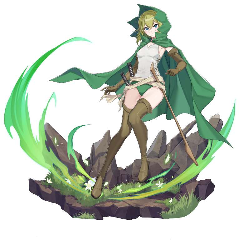 1girl alpha_transparency blue_eyes boots brown_boots brown_gloves buruma cape commentary counter:side cross-laced_slit dungeon_ni_deai_wo_motomeru_no_wa_machigatteiru_darou_ka elbow_gloves english_commentary flower full_body gloves grass green_buruma green_cape green_hair hood hood_up hooded_cape looking_at_viewer medium_hair official_art rock ryu_lion solo standing sword sword_hilt tank_top thigh_boots weapon white_flower white_tank_top wooden_sword