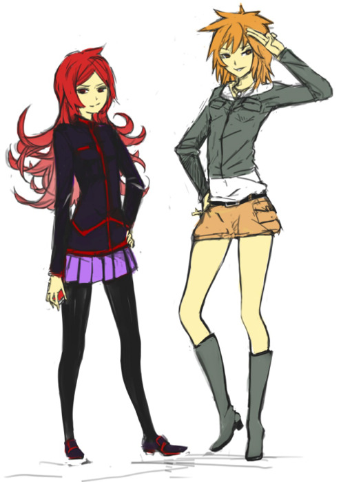 00s 1990s_(style) 2girls blue_oak blue_oak_(pokemon_hgss) brown_hair gender_request genderswap long_hair miniskirt multiple_girls nintendo pantyhose pokemon pokemon_gsc pokemon_hgss red_hair retro_artstyle silver_(pokemon) skirt tribute_(tributism)