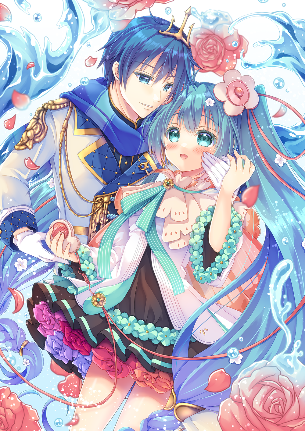 1boy 1girl aqua_eyes aqua_hair black_skirt blue_eyes blue_hair blue_scarf blue_shirt braid cape colored_tips commentary_request detached_sleeves flower gradient_hair hair_flower hair_ornament hatsune_miku highres jacket kaito_(vocaloid) looking_at_another magical_mirai_(vocaloid) magical_mirai_kaito magical_mirai_kaito_(2021) magical_mirai_miku magical_mirai_miku_(2021) medallion multicolored_hair orange_flower petals pink_flower pink_hair purple_flower purple_hair red_flower scarf shirt skirt twintails vocaloid water white_background white_jacket white_shirt white_sleeves yorarry