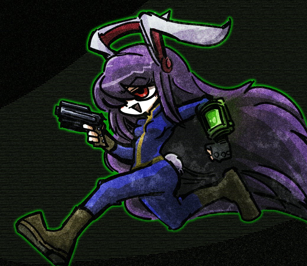 1girl animal_ears blue_jumpsuit boots breasts brown_boots fallout fallout_4 full_body green_outline gun hair_over_one_eye handgun holding holding_gun holding_weapon jumpsuit long_hair open_mouth outline pip_boy purple_hair rabbit_ears rabbit_girl rabbit_tail red_eyes reisen_udongein_inaba running small_breasts smile solo suenari_(peace) tail touhou very_long_hair weapon