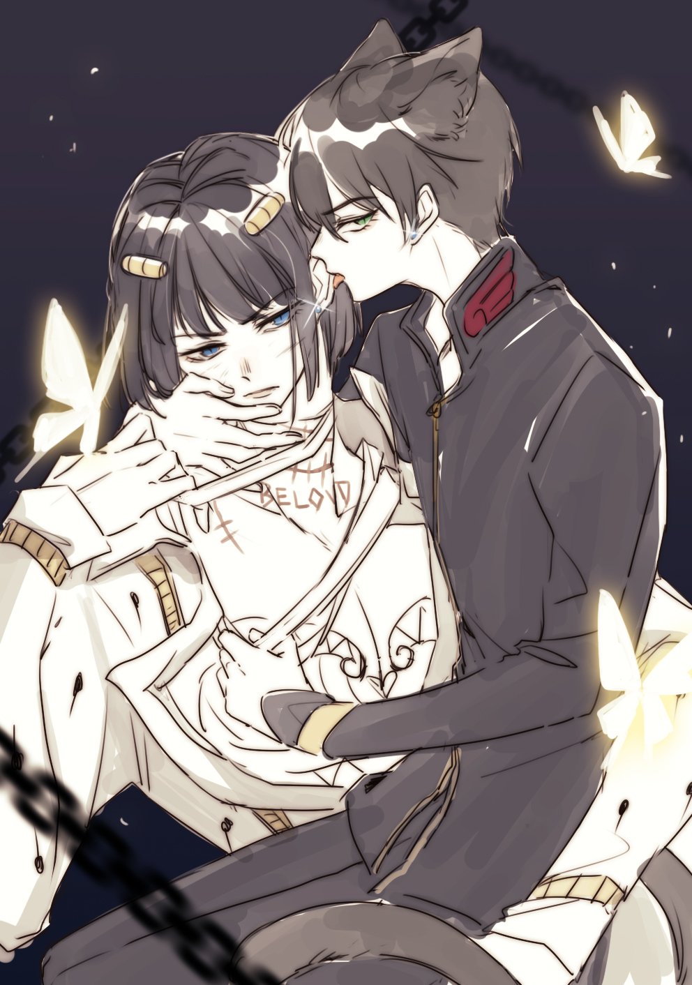 2boys animal_ears bandages black_hair blue_eyes bruno_bucciarati bug butterfly cat_boy cat_ears cat_tail chain ear_licking earrings giorno_giovanna green_eyes hair_ornament hand_on_another&#039;s_face haruno_shiobana highres holding insect jewelry jojo_no_kimyou_na_bouken licking looking_at_viewer luminous_slime multiple_boys scar slit_pupils tail tattoo tongue tongue_out vento_aureo yaoi zippern