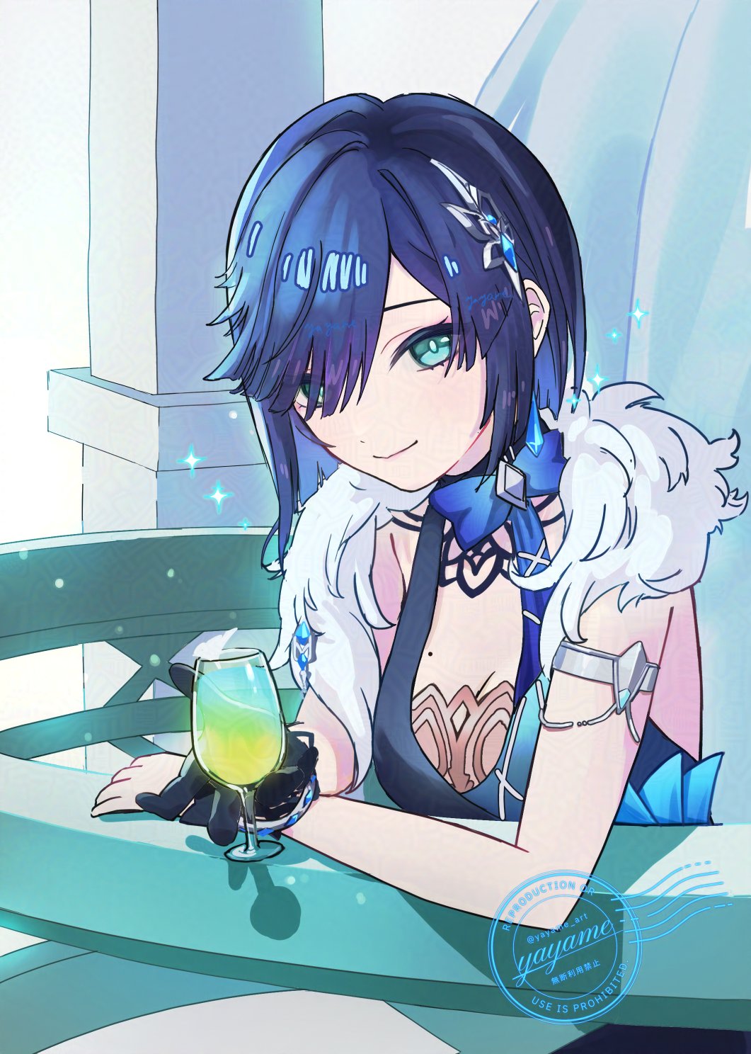 arm_support armlet black_gloves blue_dress blue_eyes blue_hair blush bracelet breasts castle cleavage cocktail cocktail_glass cup diagonal_bangs dress drink drinking_glass fur-trimmed_jacket fur_trim gem genshin_impact gloves hair_ornament hairpin halter_dress halterneck highres holding holding_cup jacket jacket_on_shoulders jewelry looking_at_viewer mole mole_on_breast multicolored_hair smile watermark white_jacket yayame_art yelan_(genshin_impact) yelan_(tranquil_banquet)_(genshin_impact)