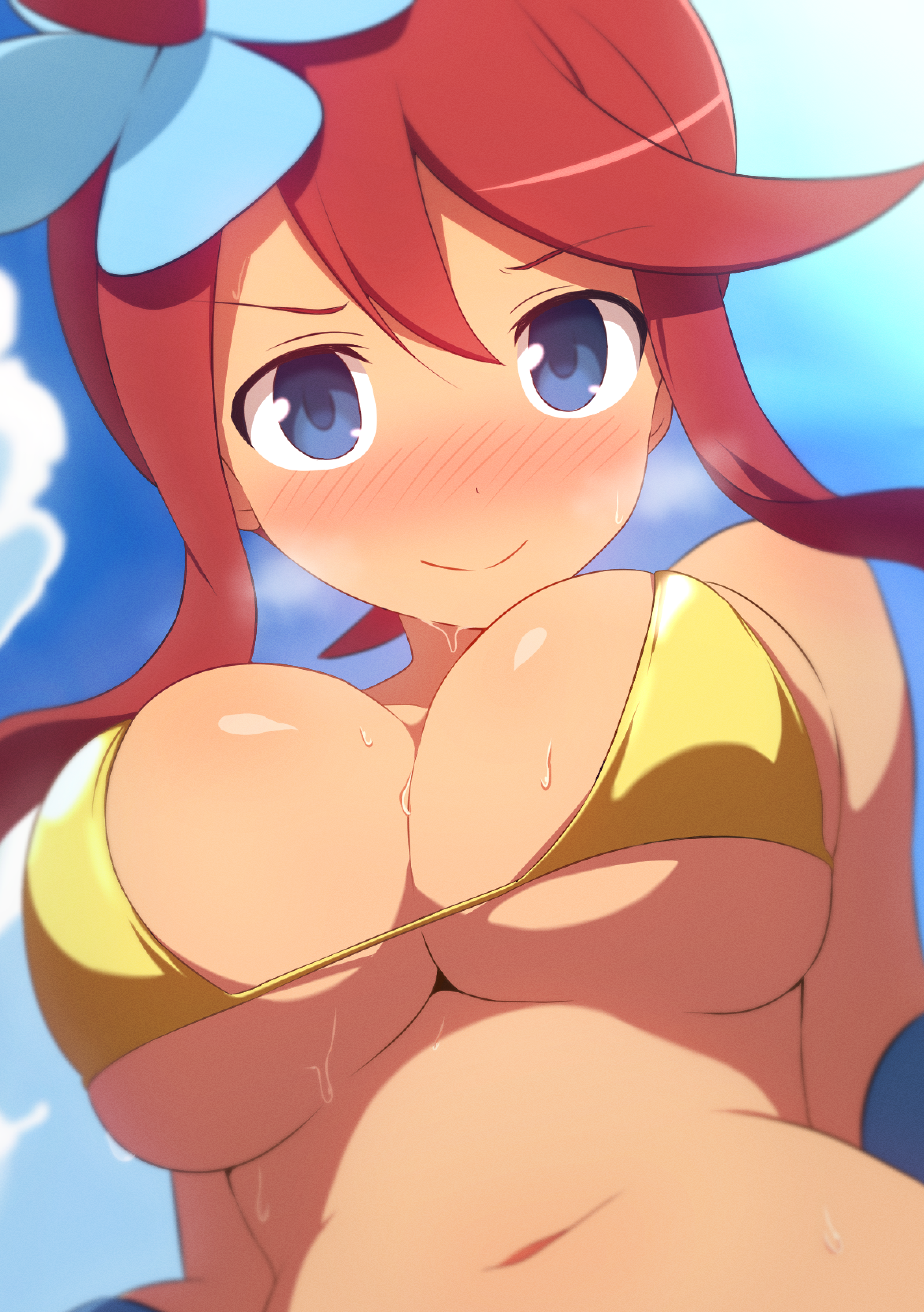 1girl absurdres bikini blue_eyes blue_sky blush breasts breath brown_hair commentary_request curakuru dark-skinned_female dark_skin game_freak gold_bikini highres large_breasts looking_at_viewer nintendo outdoors pokemon pokemon_bw sky skyla_(pokemon) smile solo sweat swimsuit upper_body