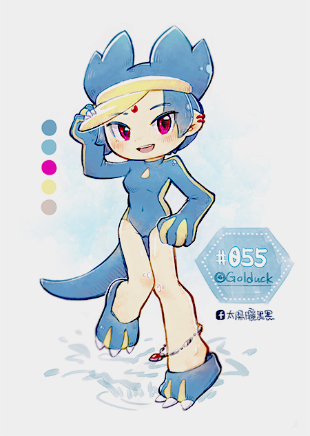 1girl anklet blue_footwear blue_hair blue_one-piece_swimsuit blush character_name chibi chibi_only chiuanzhang color_guide covered_navel earrings forehead_jewel full_body gen_1_pokemon golduck jewelry looking_at_viewer nintendo one-piece_swimsuit open_mouth personification pink_eyes pokedex_number pokemon solo swimsuit visor_cap