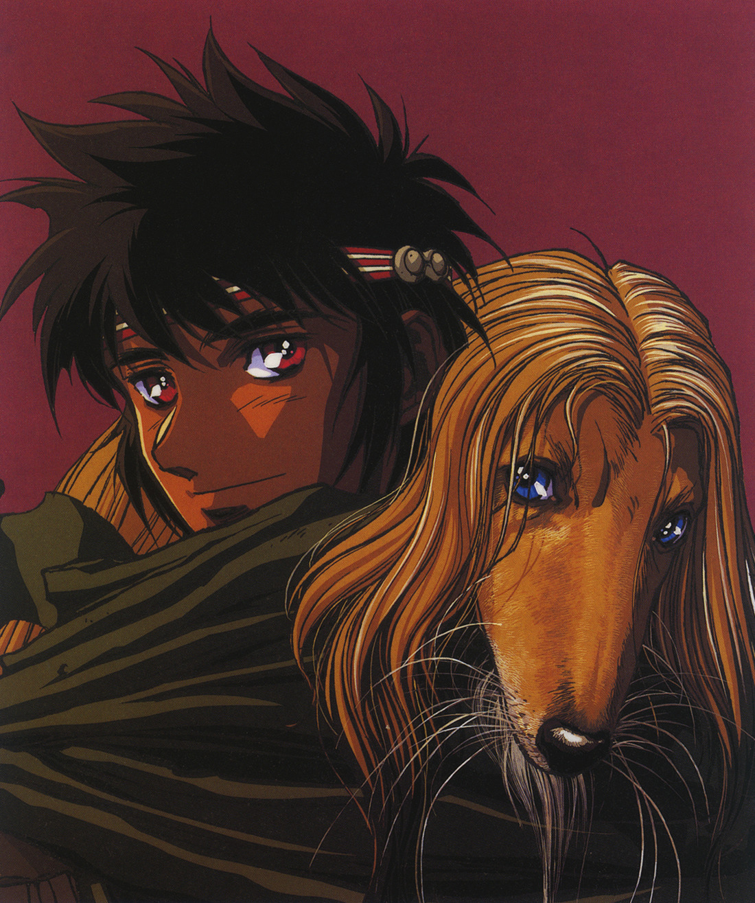 1boy animal blue_eyes headband highres official_art orson_(lodoss) orson_(record_of_lodoss_war) orthon_(record_of_lodoss_war) record_of_lodoss_war red_background red_eyes scan short_hair simple_background yuuki_nobuteru