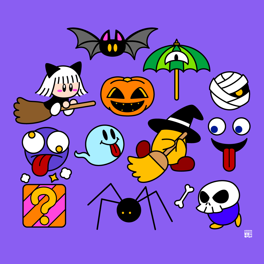 bat_(animal) black_hat bone booler_(kirby) broom broom_hatter bug chuckie_(kirby) drifter_(kirby) flapper_(kirby) ghost hat holding holding_broom jack-o&#039;-lantern keke_(kirby) kirby&#039;s_dream_land kirby_(series) mariel_(kirby) mr._p._umpkin mumbies_(kirby) nintendo peloo purple_background sasakinao simple_background skuller spider sweeping tongue tongue_out umbrella witch_hat
