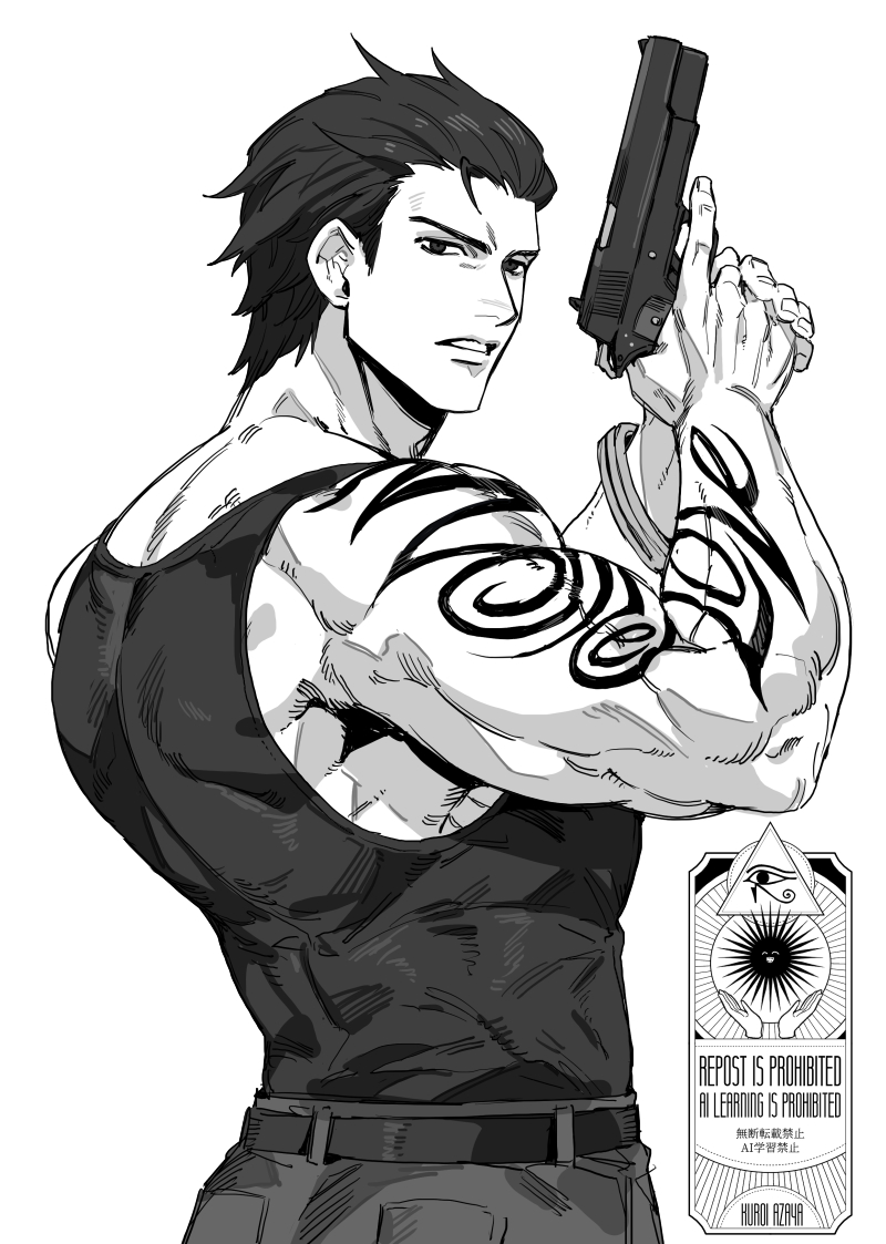 1boy arm_tattoo azaya_(kuroi_azaya) back belt billy_coen commentary_request greyscale gun hair_slicked_back handgun holding holding_gun holding_weapon m1911 male_focus monochrome muscular muscular_male parted_lips resident_evil resident_evil_0 short_hair simple_background solo tank_top tattoo weapon