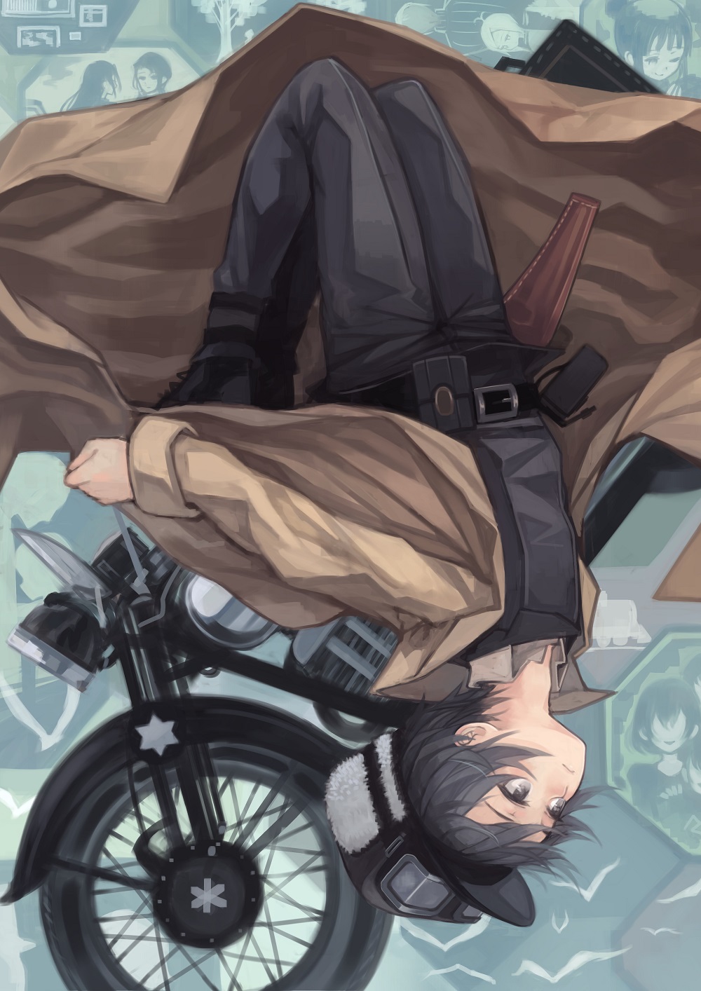 00s 1girl androgynous belt bird black_eyes black_hair black_hat black_pants black_vest boots camera character_request coat dress_shirt expressionless female_focus formal_clothes goggles goggles_on_headwear grey_eyes hat hermes_(kino_no_tabi) highres holster kaneni kino_(kino_no_tabi) kino_no_tabi looking_to_the_side motor_vehicle motorcycle open_clothes open_coat pants parted_lips pouch seagull shirt shishou_(kino_no_tabi) shizu_(kino_no_tabi) short_hair solo suit tea_(kino_no_tabi) tree upside-down vest