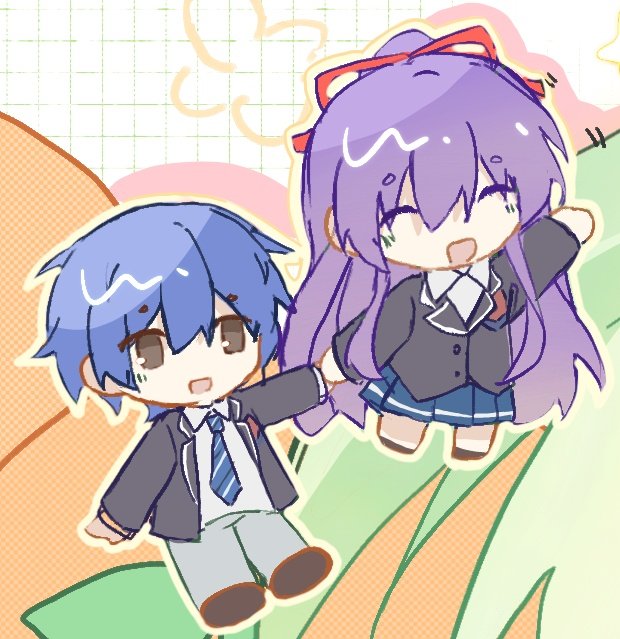 1boy 1girl blue_hair brown_eyes chibi date_a_live itsuka_shidou long_hair n.(pl) purple_eyes purple_hair ribbon school_uniform short_hair yatogami_tohka