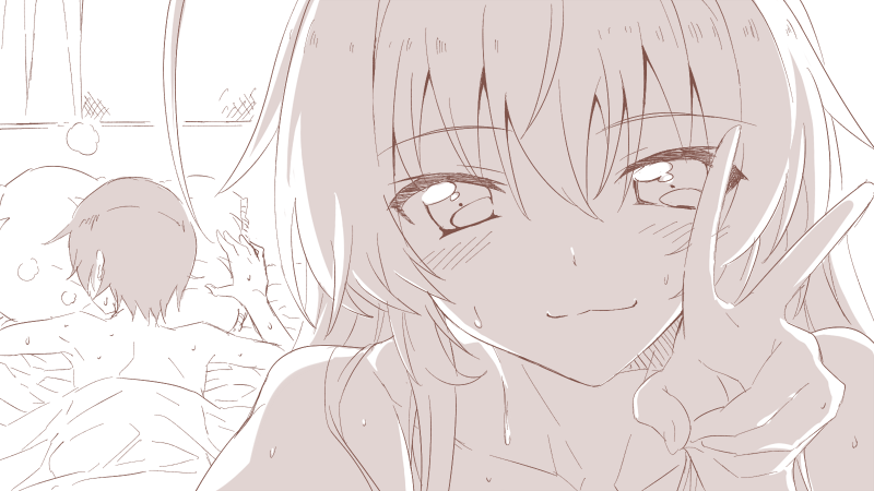 1boy 1girl :3 aftersex blush close-up closed_mouth collarbone commentary_request greyscale guy_tired_after_sex_(meme) hair_between_eyes haiyore!_nyaruko-san hand_up head_on_pillow hetero indoors long_hair looking_at_viewer lying meme monochrome nyarlathotep_(nyaruko-san) on_bed on_stomach pillow short_hair smile solo_focus sweat v yasaka_mahiro yuto_(dialique)