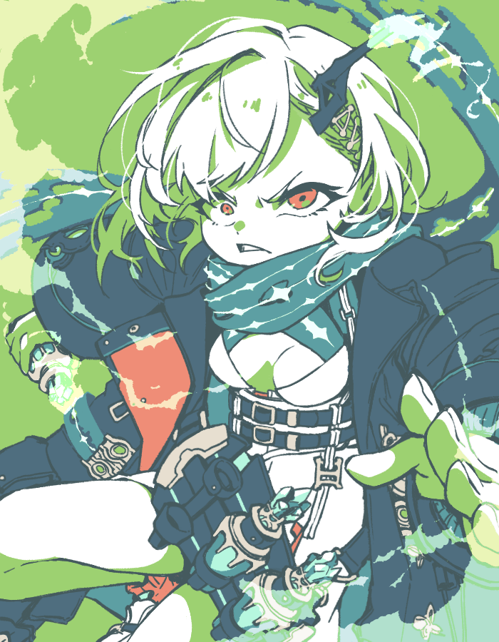 1girl breasts cleavage clenched_teeth crazy dress green_background green_hair green_theme hair_ornament holding holding_weapon ishikoro1645 jacket little_match_girl_(sinoalice) looking_at_viewer multicolored_hair open_mouth parted_lips red_eyes scarf short_hair simple_background sinoalice solo teeth two-tone_hair weapon white_hair