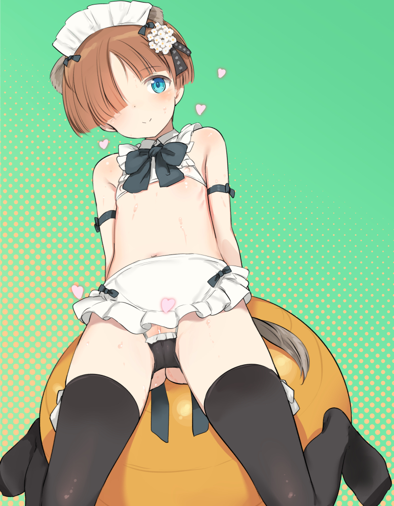 1girl animal_ears apron ball bare_shoulders bikini black_thighhighs blue_eyes brown_hair censored clitoral_hood clitoris_peek clitoris_slip commentary_request detached_collar exercise_ball flower hair_flower hair_ornament hair_over_one_eye heart joanna_elizabeth_stafford looking_at_viewer luminous_witches micro_bikini navel pussy pussy_peek shimada_fumikane short_hair solo string_bikini sweat sweatdrop swimsuit thighhighs waist_apron world_witches_series