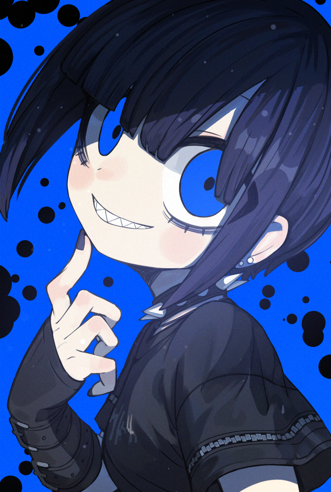 1girl black_gloves black_hair black_nails black_theme blue_background blue_eyes blue_theme blush clothing_request collar colored_skin curled_fingers dot_nose earrings finger_to_face fingerless_gloves from_side glove_belt gloves grin head_tilt index_finger_raised jewelry ketopon looking_at_viewer lower_eyelashes_only original pale_skin portrait sharp_teeth short_hair short_sleeves simple_background smile solo spiked_collar spikes teeth two-tone_background white_skin
