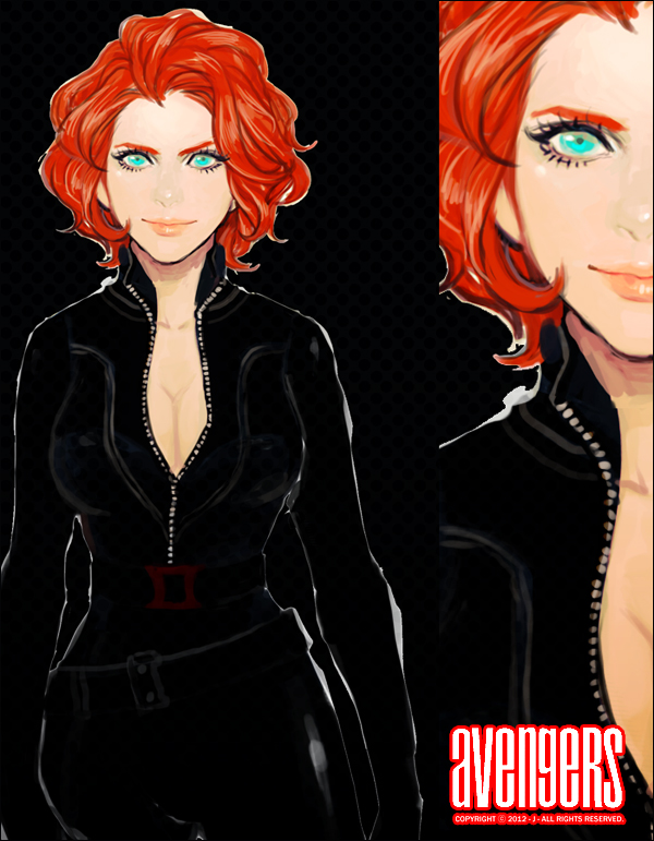 10s 1girl 2012 animification bad_id bad_pixiv_id black_widow black_widow_(marvel) blue_eyes bodysuit breasts cleavage copyright_name eyelashes female_focus inset j_(onose1213) lips marvel natasha_romanoff orange_hair red_hair solo zoom_layer