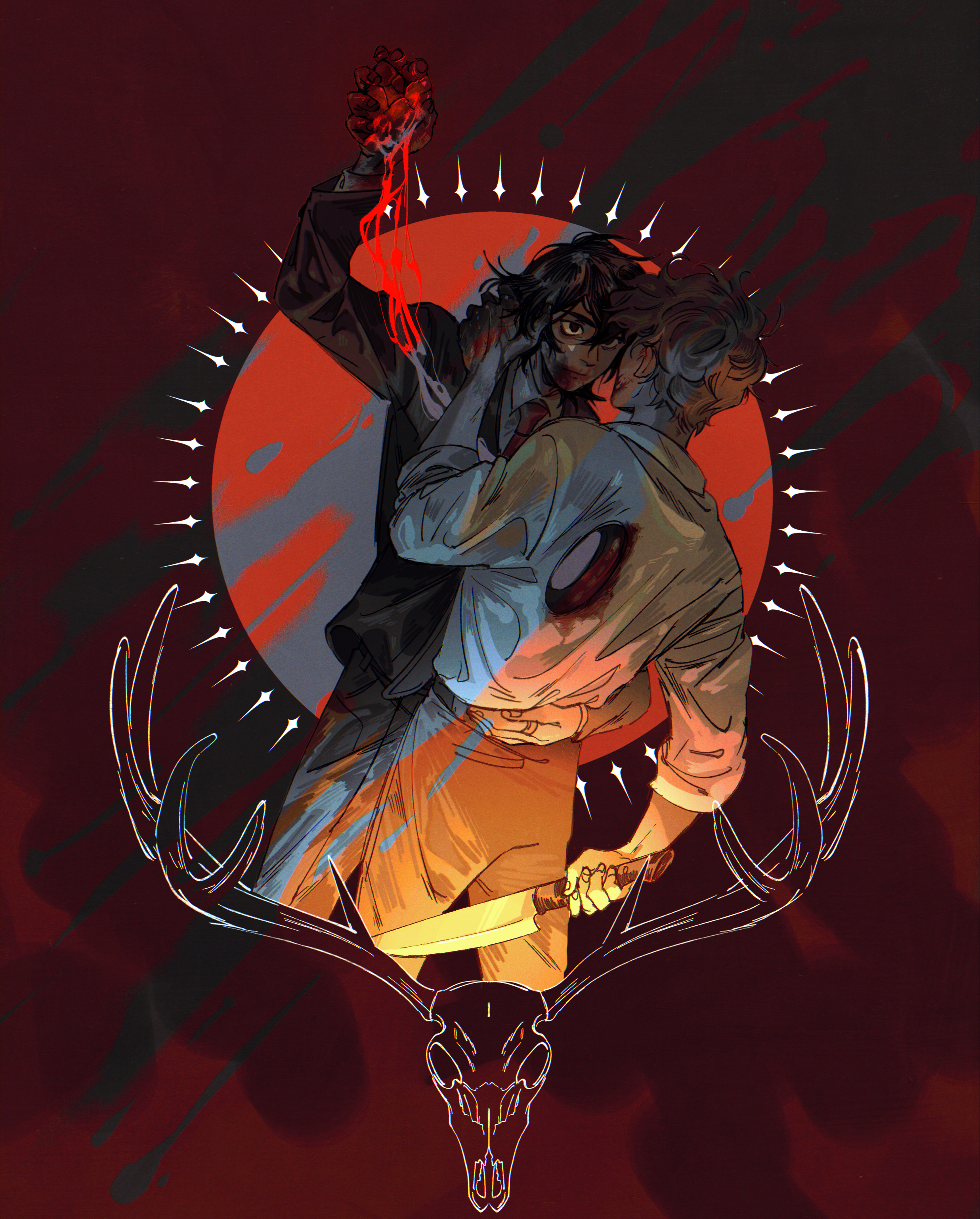 2boys abstract_background absurdres animal_skull antlers black_hair black_suit blood blood_on_face blood_on_hands blood_on_mouth blood_splatter brown_hair brown_pants circle collared_shirt cropped_legs cyani07 deer deer_antlers deer_skull dream_smp dutch_angle eye_contact formal_clothes hand_on_another's_back hand_on_another's_face hannibal_(tv_series) heart_(organ) highres holding holding_heart_(organ) holding_knife hole_in_chest hole_on_body horns horror_(theme) knife looking_at_another male_focus medium_hair minecraft_youtube multiple_boys necktie pants partially_colored quackity red_background red_necktie shirt short_hair suit underlighting white_shirt wilbur_soot yaoi yellow_light
