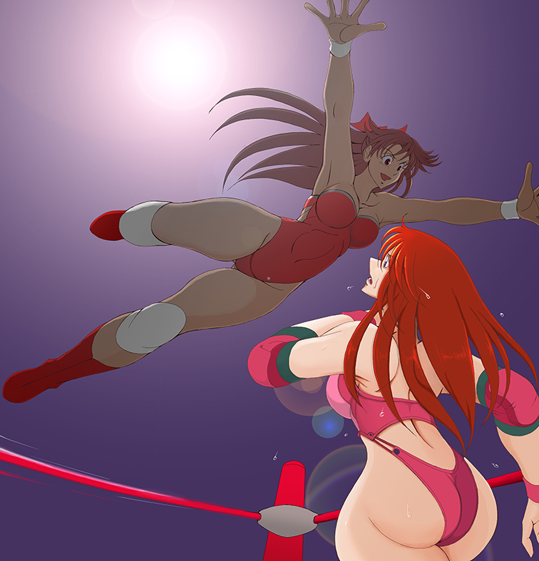 2girls ass bare_shoulders blue_eyes boots breasts brown_hair corey_sniper elbow_pads from_behind hito-si knee_pads large_breasts leotard long_hair multiple_girls mutou_megumi open_mouth red_hair shiny_skin sideboob smile wrestle_angels wrestling wrestling_outfit wrestling_ring wristband