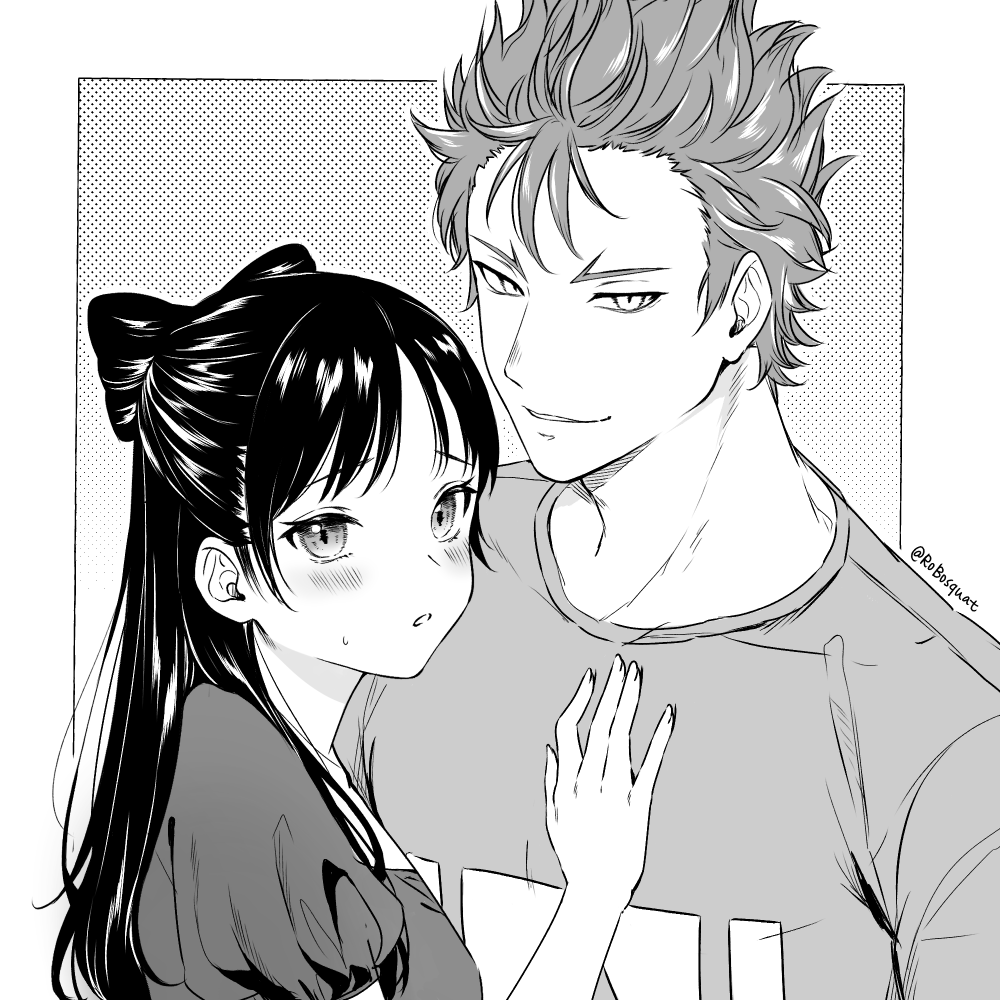 1boy 1girl blush bow-shaped_hair carrot_(robosquat) clothes_writing commentary_request greyscale half_updo hand_on_another&#039;s_chest hetero long_hair miyao_nemu monochrome parted_lips puffy_short_sleeves puffy_sleeves shirt short_sleeves signature small_sweatdrop smile twitter_username witch_watch wolf_(witch_watch)