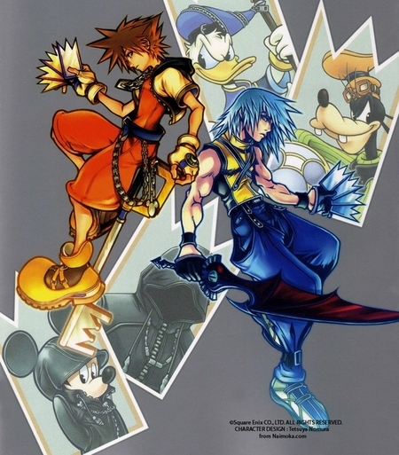 2boys bird black_coat_(kingdom_hearts) brown_hair card disney dog donald_duck duck full_body gloves goofy hat holding holding_card hood keyblade kingdom_hearts kingdom_hearts:_chain_of_memories male_focus marluxia mickey mickey_mouse multiple_boys nomura_tetsuya official_art organization_xiii riku_(kingdom_hearts) sora_(kingdom_hearts) sword weapon white_hair