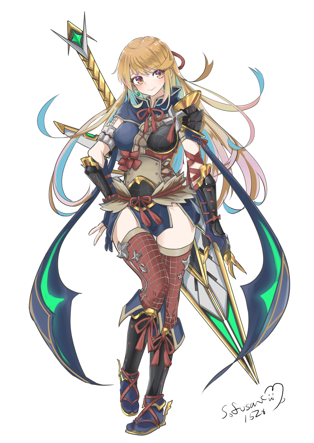 1girl alternate_costume blonde_hair breasts kamura_(armor) large_breasts monster_hunter_(series) monster_hunter_rise mythra_(xenoblade) simple_background sofusan1526 white_background xenoblade_chronicles_(series) xenoblade_chronicles_2