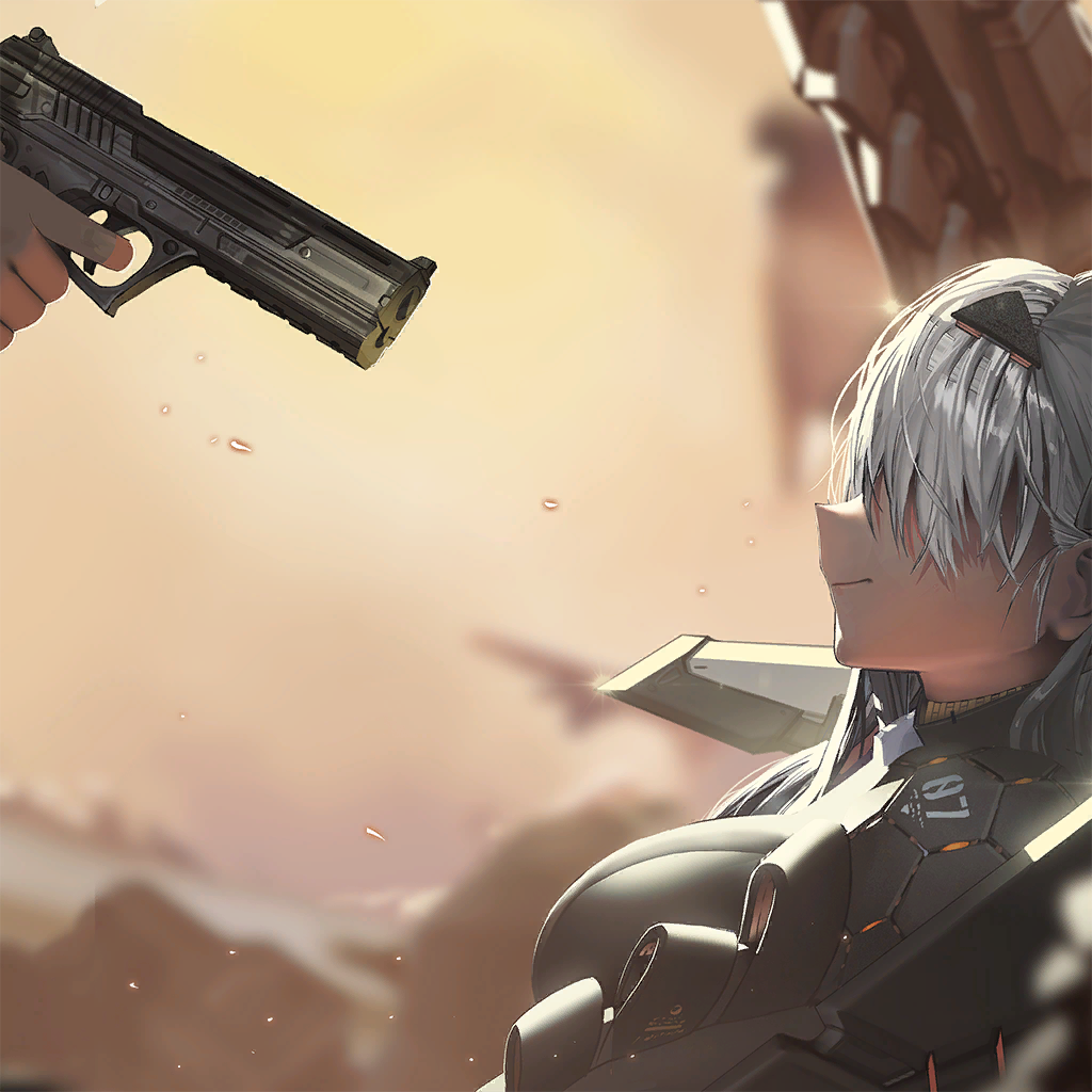 1boy 1girl armored_bodysuit breasts closed_mouth commander_(nikke) game_cg goddess_of_victory:_nikke grey_hair gun handgun holding holding_gun holding_weapon mecha_musume modernia_(nikke) official_art pistol rail_(weapon) shaded_face weapon
