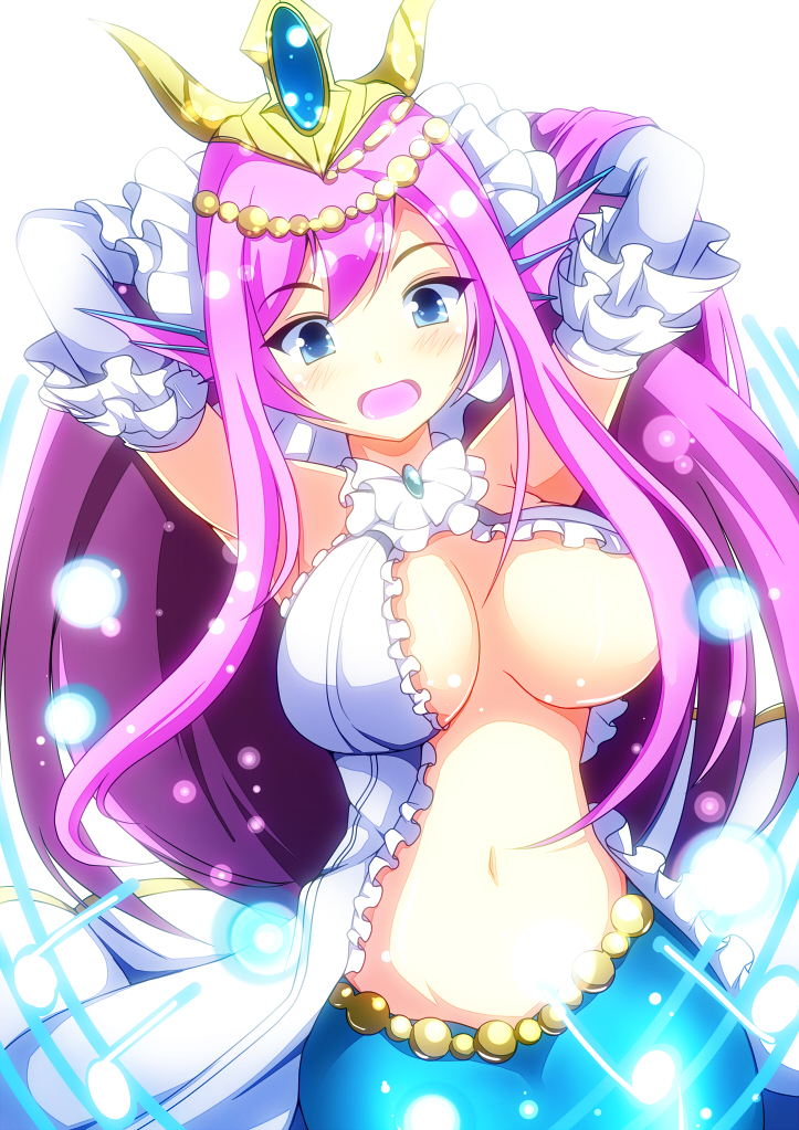 1girl armpits arms_behind_head arms_up bead_band beads blue_eyes blush breasts cleavage elbow_gloves female_focus fins fish_tail frilled_gloves frills gloves head_fins jewelry large_breasts long_hair lots_of_jewelry mermaid merry_(diameri) midriff monster_girl navel open_mouth purple_hair puzzle_&amp;_dragons raised_eyebrows simple_background siren_(p&amp;d) solo tail tiara white_background white_gloves
